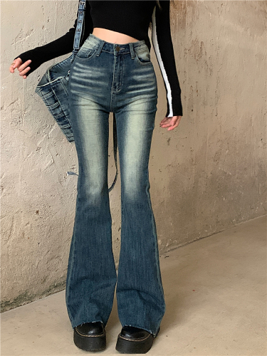 Real shot!  Retro Distressed Hot Girl Jeans Women's Autumn Slim Fit High Waist Bootleg Pants