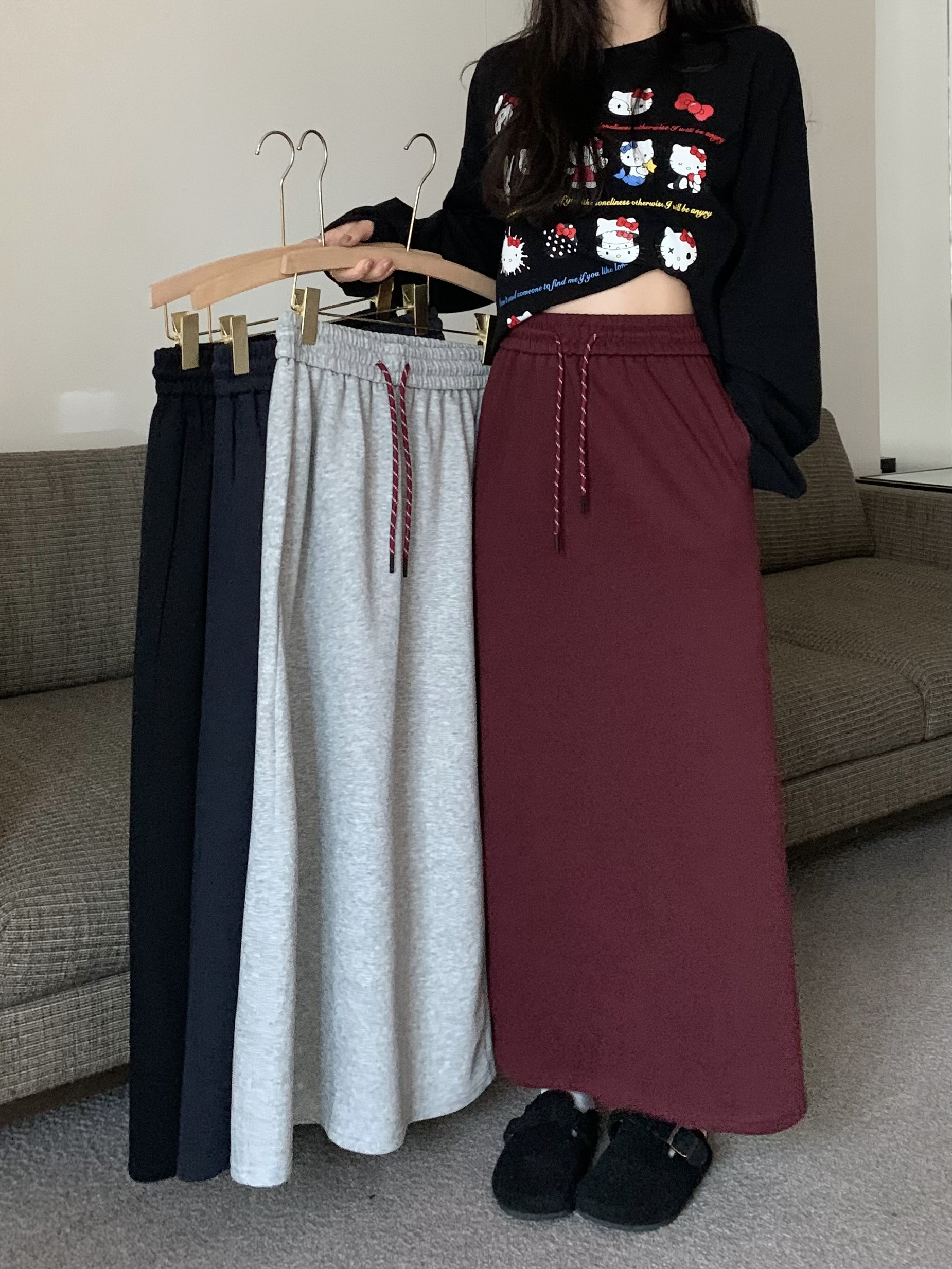 Live shot~ Autumn color-blocking design sense drawstring semi-skirt, slimming, A-line middle-length skirt