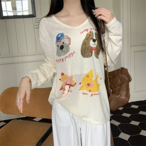 Real shot, real autumn new cute dog print long-sleeved T-shirt loose lazy style women's top