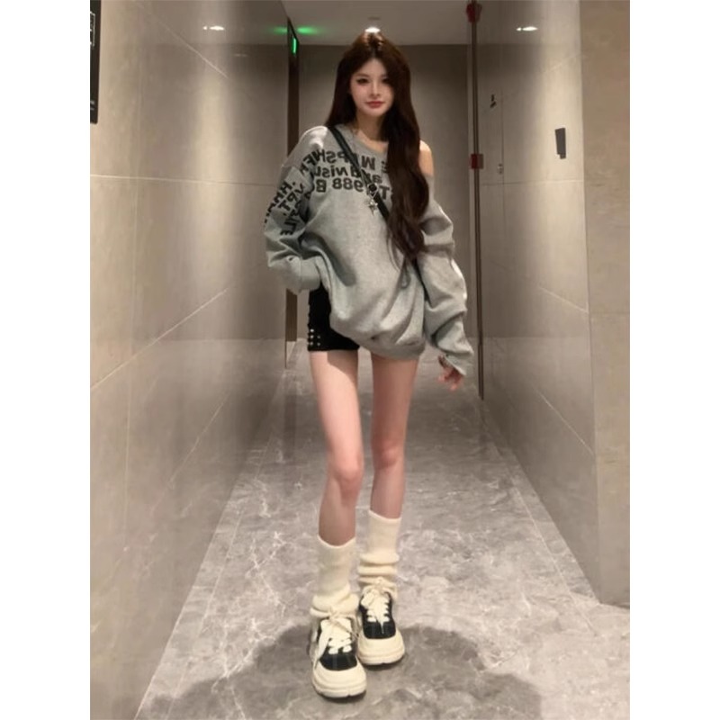 Embroidered CVC Food Cotton Blended Milk Fiber 320g Casual Flowy Off-the-Shoulder Sweatshirt