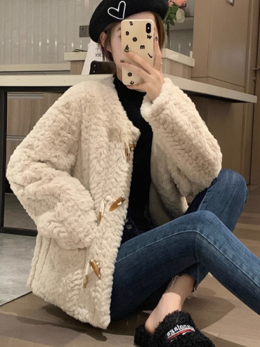 Already shipped new imitation rabbit fur horn buckle lamb plush jacket women's short thickened fur small style