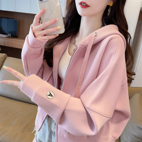 Real shot 100 polyester 2024 autumn new solid color cardigan hooded top for women