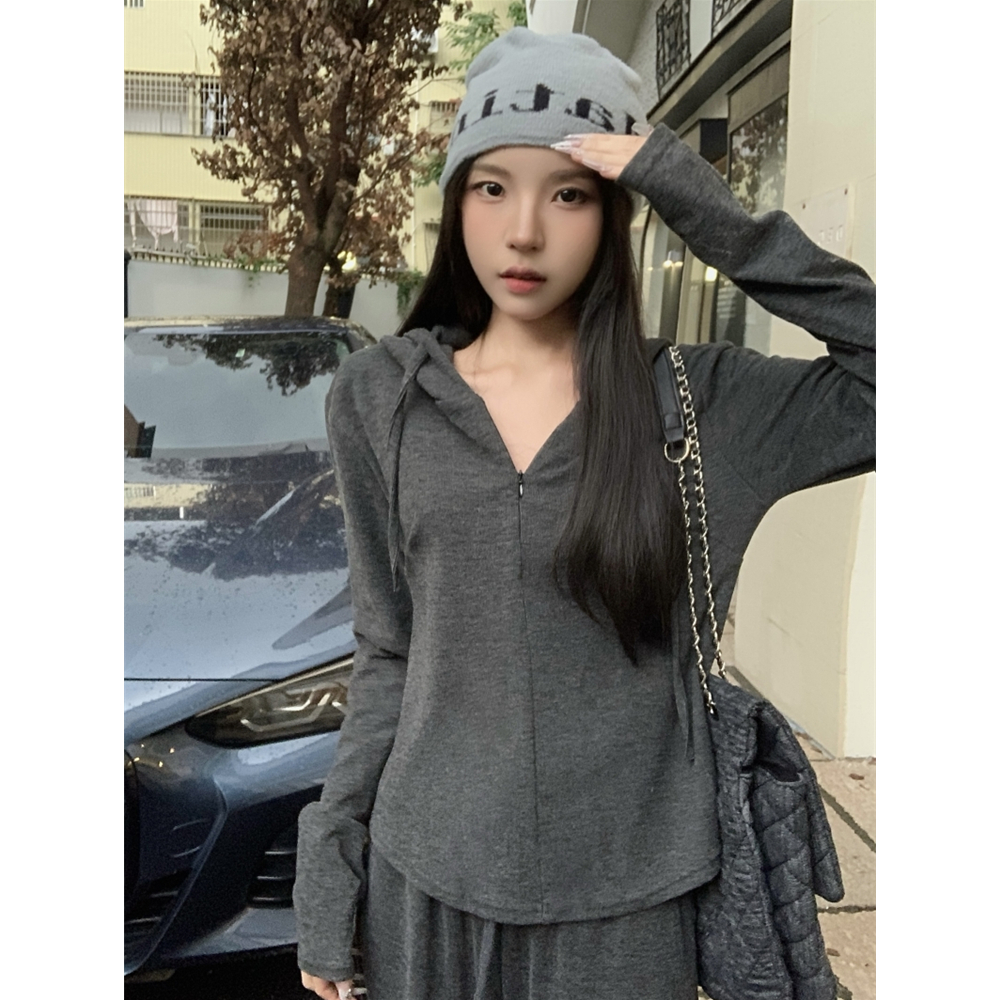 實拍 顯瘦減齡時髦休閒套裝女連帽闊腿褲寬鬆運動服兩件套