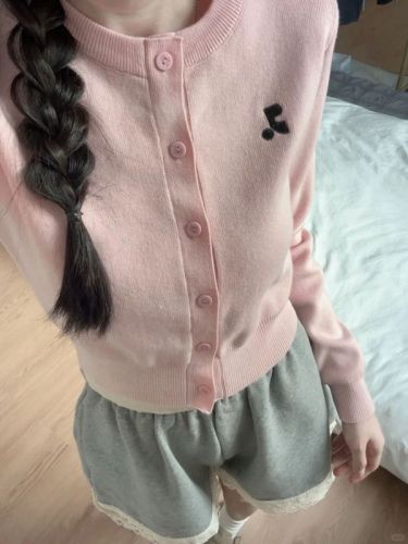 Gentle style pink embroidered knitted cardigan for women spring and autumn new design Korean style versatile long-sleeved short top trendy