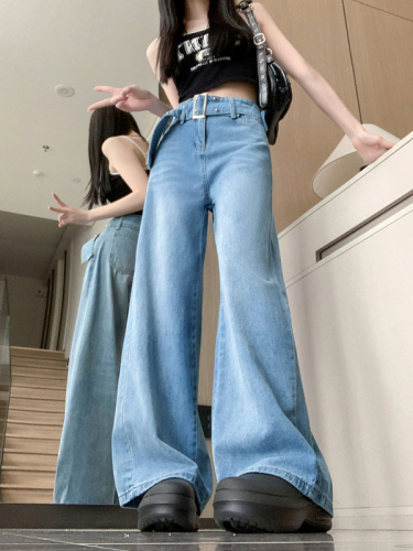 Real shot ~ Retro washed blue belt denim straight pants for women summer new high waist loose wide leg pants