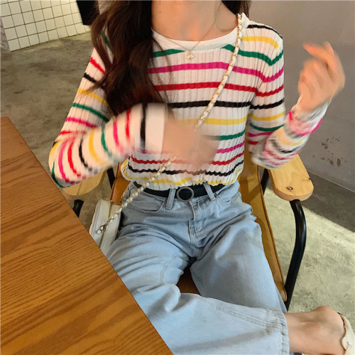 Autumn long-sleeved ice silk sweater for women, thin loose air-conditioning shirt, Korean style student versatile striped bottoming sun protection shirt