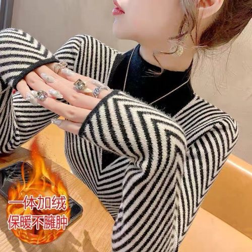 One-piece velvet half turtleneck bottoming shirt for women, autumn and winter new style, high-end striped sweater for women