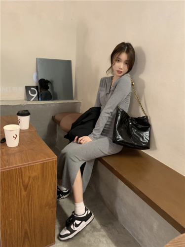 Real shot!  Autumn and winter slim-fitting hooded dress Korean style slimming shirred side slit hip-covering bottoming skirt