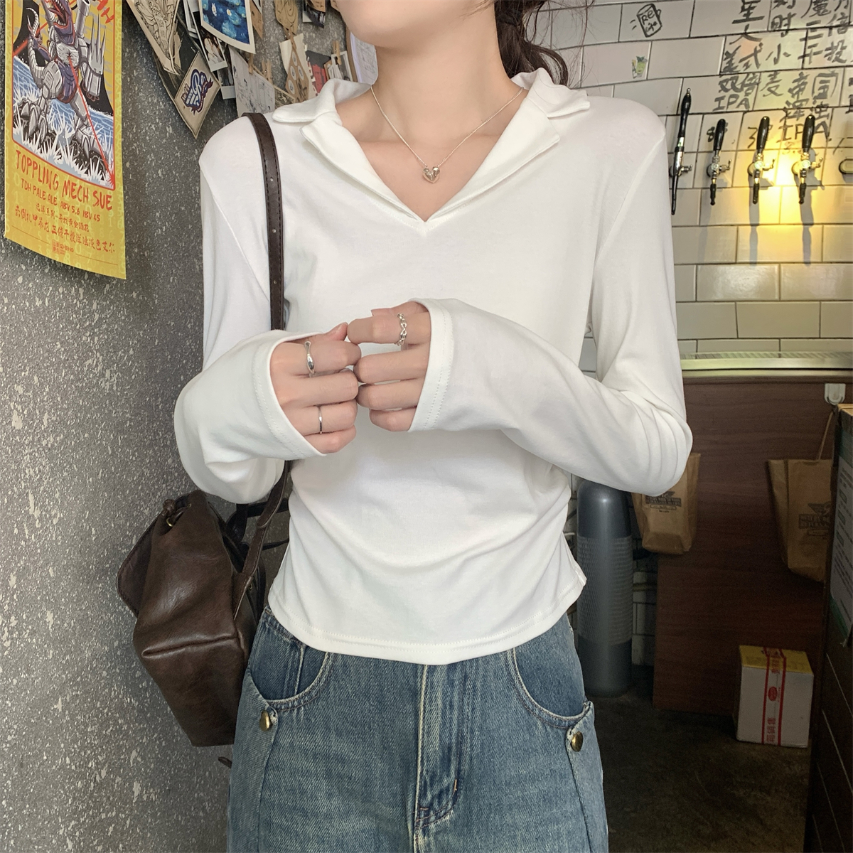 Real shot of autumn and winter Korean style slim-fitting suit with pleated collar, slimming and versatile, pure cotton long-sleeved inner T-shirt for women