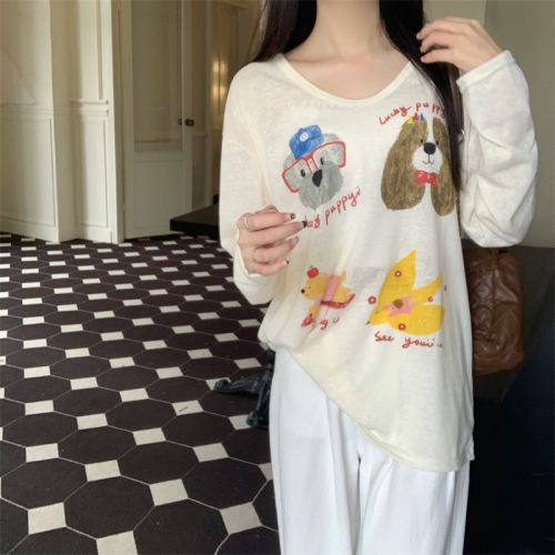 Real shot, real autumn new cute dog print long-sleeved T-shirt loose lazy style women's top