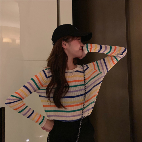 Autumn long-sleeved ice silk sweater for women, thin loose air-conditioning shirt, Korean style student versatile striped bottoming sun protection shirt