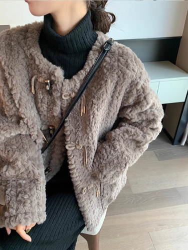 Already shipped new imitation rabbit fur horn buckle lamb plush jacket women's short thickened fur small style