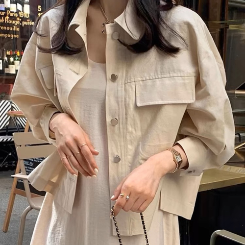 Korean chic early autumn simple retro lapel casual single-breasted loose versatile workwear long-sleeved shirt jacket for women