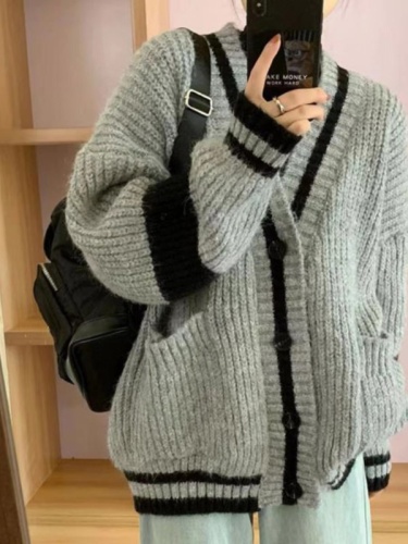 Korean style lazy college style sweater jacket for women spring and autumn loose retro striped mid-length knitted cardigan top