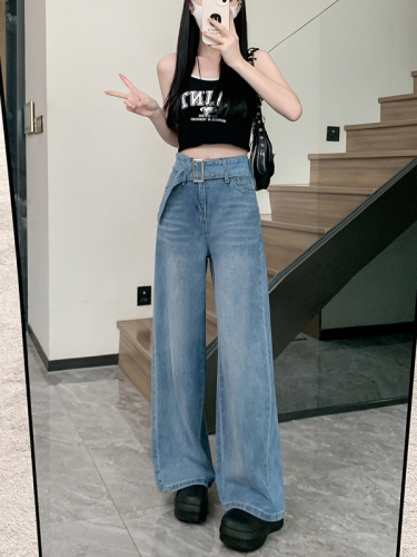 Real shot ~ Retro washed blue belt denim straight pants for women summer new high waist loose wide leg pants