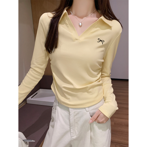 Actual shot of Korean bow embroidered long-sleeved cotton T-shirt for women in autumn pleated waist slimming short top