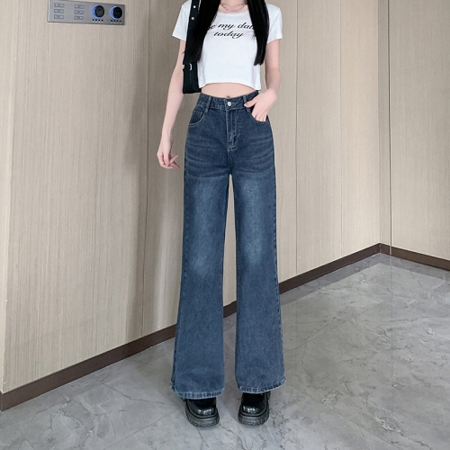 Actual shot~Designed blue washed straight jeans for women, new retro high-waisted wide-leg pants, trendy trousers