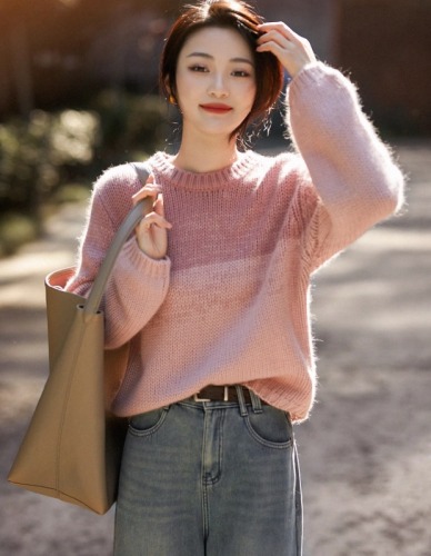 Korean lazy style gradient striped long-sleeved sweater for women autumn and winter new slim loose fashionable warm top