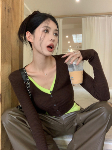 Real shot of contrasting fake two-piece long-sleeved thin sweater for women in early autumn new V-neck short slim fit top