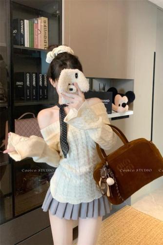 Actual shot of one-shoulder long-sleeved sweater top for women with scarf