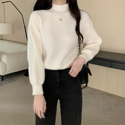 Real shot real autumn and winter warm half turtleneck design lantern sleeve sweater for women