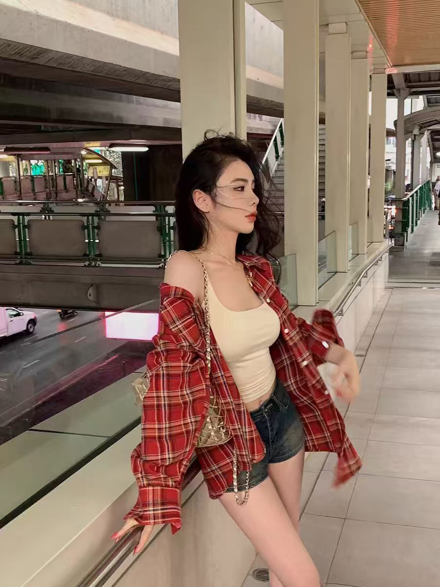 Long-sleeved loose retro red plaid shirt for women autumn new versatile long casual jacket