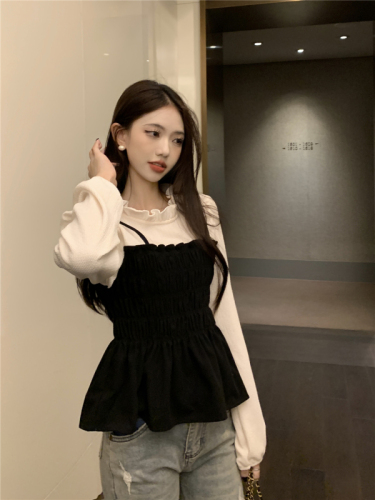 Real shot Korean style puff sleeve fake two-piece shirt for women autumn new slim slim long-sleeved top