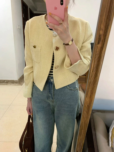 Actual shot of Korean style chic yellow short jacket with high-end niche tops