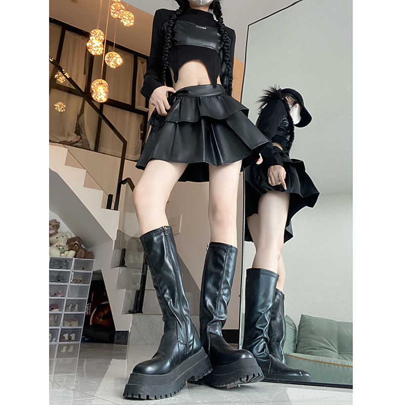 Real shot! 2024 Autumn and Winter Leather Pleated Skirt Women's High Waist Slim Puff Short Skirt Cake Skirt Women