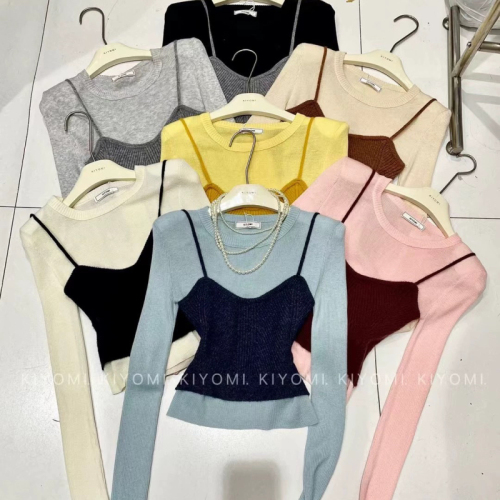 KIYOMI 2024 new autumn Korean style contrasting color stitching fake two-piece tops women's slim round neck long-sleeved sweater