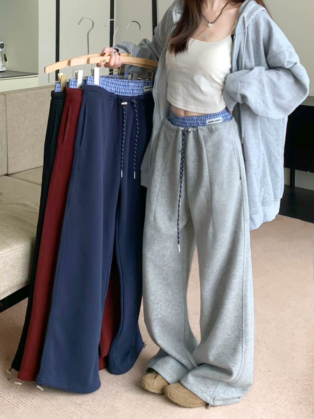 Photographed New American Retro Checkered Splicing Stretch Waist Ankle Pants High-Waisted Leisure Wide Leg Pants