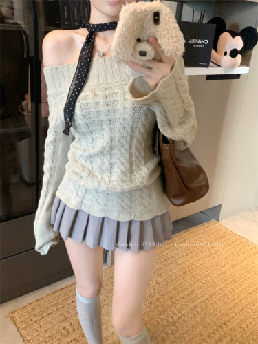 Actual shot of one-shoulder long-sleeved sweater top for women with scarf