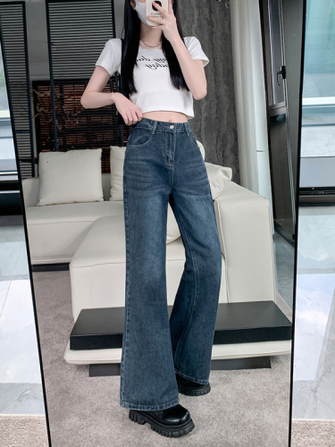 Actual shot~Designed blue washed straight jeans for women, new retro high-waisted wide-leg pants, trendy trousers