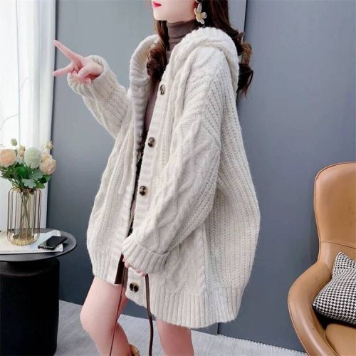 Lazy style retro thickened hooded sweater cardigan for women autumn and winter 2024 new loose mid-length knitted jacket