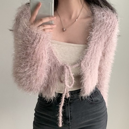 Korean chic early spring loose and versatile furry lace-up short sweater coat slim and warm knitted cardigan for women