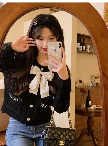 Xiaoxiangfeng bow beaded knitted sweater cardigan early spring autumn new year red festival girl knitted top