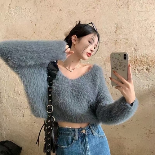 Lazy style soft waxy mink velvet short sweater for women autumn and winter new loose off-shoulder inner knitted sweater long-sleeved top