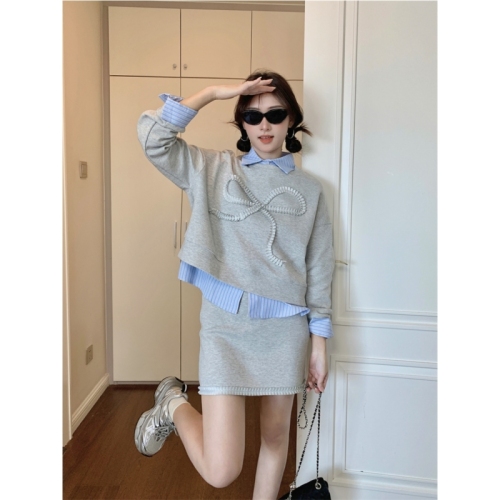 Real shot Autumn new layered short sweatshirt striped shirt lace skirt fashionable three-piece suit for women