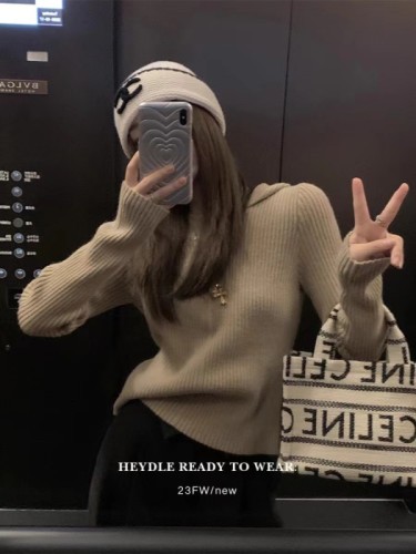 Black Bean Heng Heng knits warm* new autumn and winter new lazy style sweater women's short bottoming hooded woolen top