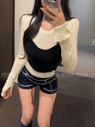 KIYOMI 2024 new autumn Korean style contrasting color stitching fake two-piece tops women's slim round neck long-sleeved sweater