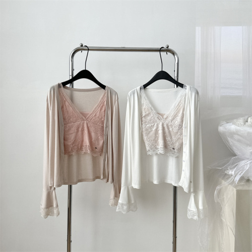 KIMYY gold｜Self-designed Walk in pink and cute lace and tencel wool cardigan