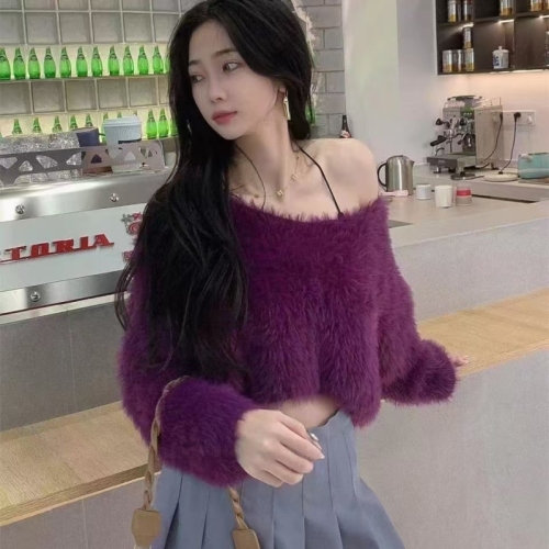 Lazy style soft waxy mink velvet short sweater for women autumn and winter new loose off-shoulder inner knitted sweater long-sleeved top