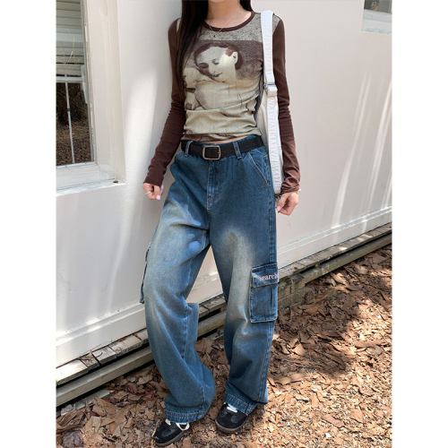 Real shot of 2024 early autumn sweet and cool old blue loose denim trousers new design embroidered street pants