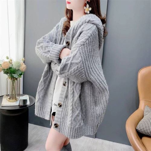 Lazy style retro thickened hooded sweater cardigan for women autumn and winter 2024 new loose mid-length knitted jacket