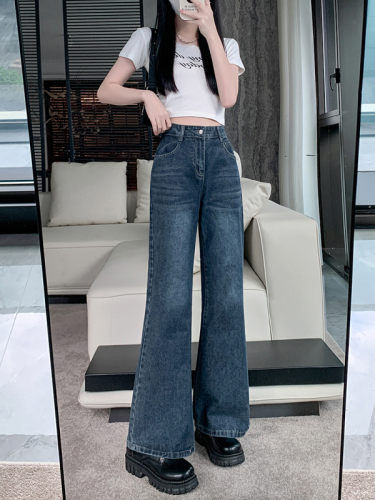 Actual shot~Designed blue washed straight jeans for women, new retro high-waisted wide-leg pants, trendy trousers