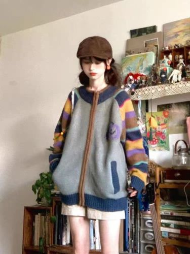 2024秋冬季复古撞色彩虹条纹毛衣针织开衫慵懒圆领拉链宽松外套女