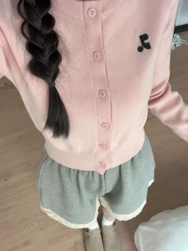 Gentle style pink embroidered knitted cardigan for women spring and autumn new design Korean style versatile long-sleeved short top trendy