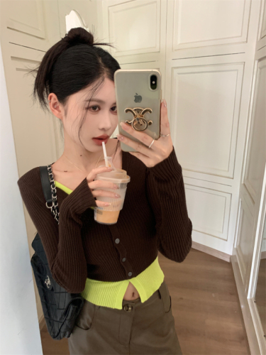 Real shot of contrasting fake two-piece long-sleeved thin sweater for women in early autumn new V-neck short slim fit top