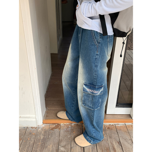 Real shot of 2024 early autumn sweet and cool old blue loose denim trousers new design embroidered street pants