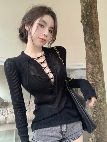 Hot girl sexy v-neck lace-up long-sleeved sweater for women autumn 2024 new slim-fitting see-through bottoming brown top